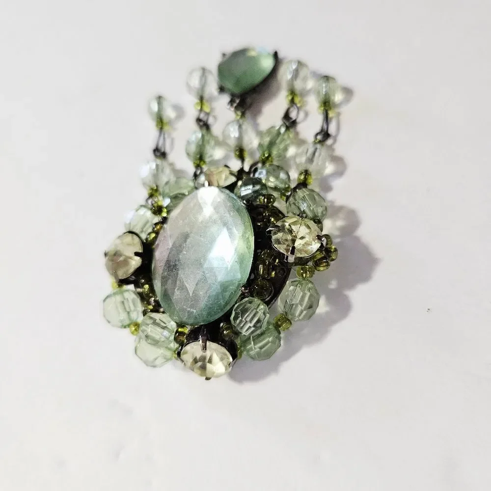 Vintage Victorian Revival Green Rhinestone Beaded Dangle Teardrop Brooch Pin